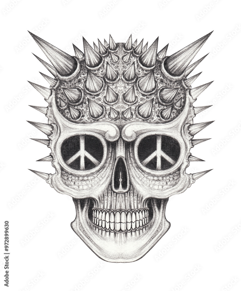 Fototapeta premium Punk skull tattoo surreal art hand drawing on paper.