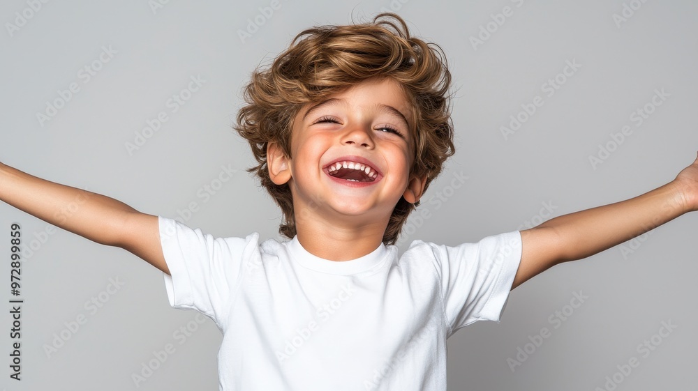 Cheerful boy with curly hair wearing a white shirt, expressing joy with open arms against a gray background. Cheerful boy with curly hair wearing a white shirt, expressing joy with open arms against a gray background.