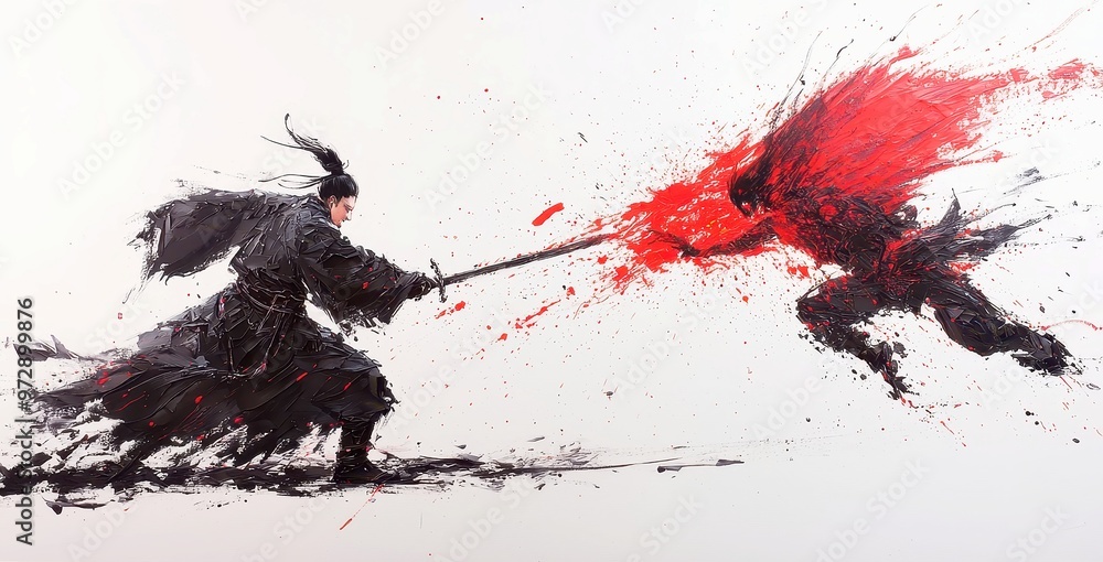 Heroic Confrontation with the Lord of the Dead, a Chinese brush painting depicting a brave figure facing a formidable dark force, rich in symbolism and emotional intensity. Heroic Confrontation with the Lord of the Dead, a Chinese brush painting depicting a brave figure facing a formidable dark force, rich in symbolism and emotional intensity.