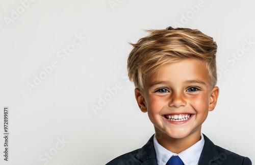 A joyful young boy wearing a suit, smiling brightly against a neutral background, showcasing innocence and happiness.