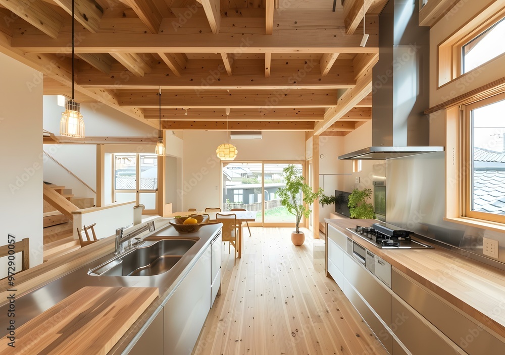 Modern Kitchen Design With Wooden Beams And Large Windows Modern Kitchen Design With Wooden Beams And Large Windows