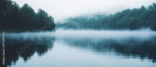 Calm lake with fog rolling over the water