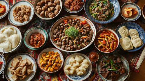 Traditional Mongolian feast, a spread of dishes including khorkhog and buuz, colorful and hearty