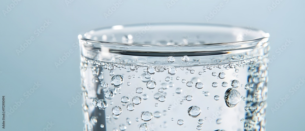 Close-up of a glass filled with sparkling water, showcasing bubbles and clarity, set against a soft blue background. Close-up of a glass filled with sparkling water, showcasing bubbles and clarity, set against a soft blue background.