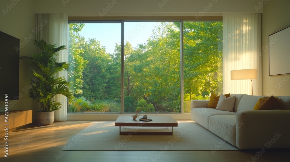 Fototapeta premium Modern Living Room with Large Window and View of Green Trees.