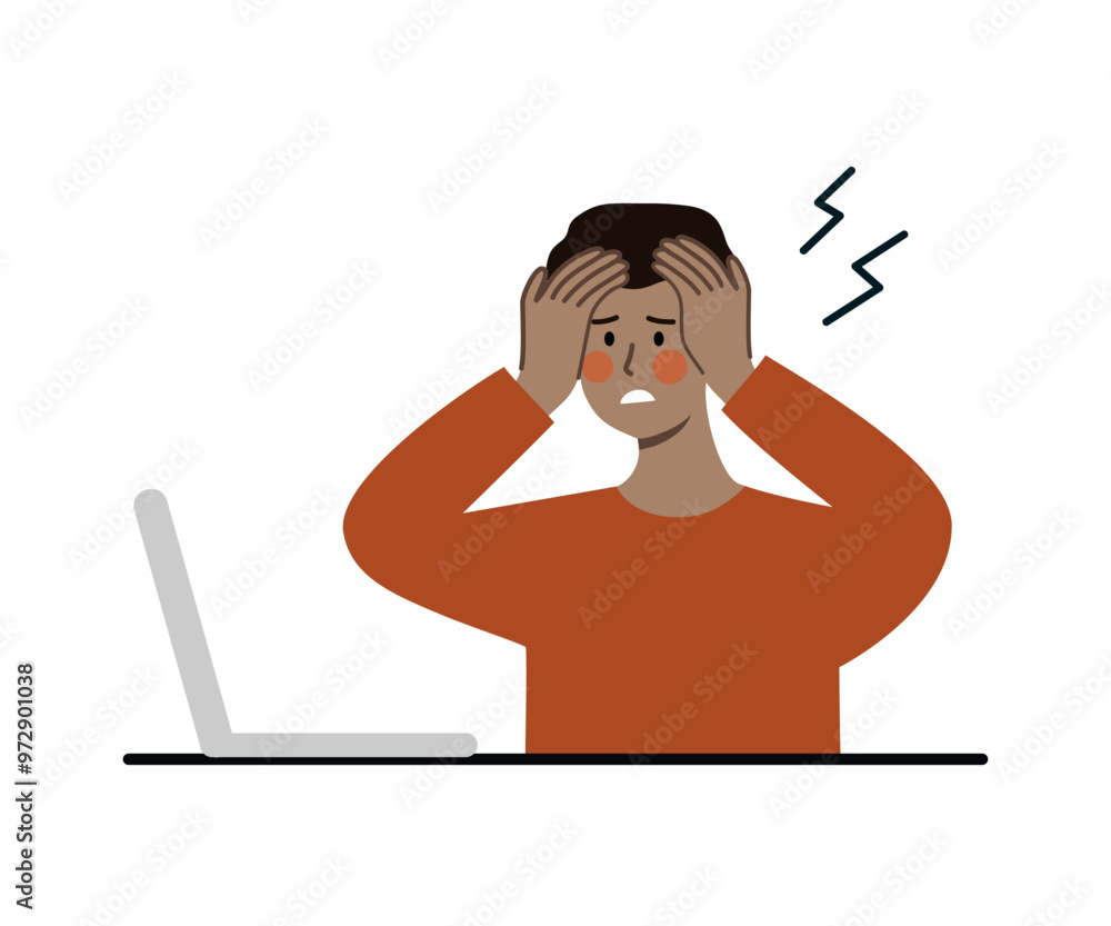 Busy tired man using laptop. Business, overwork, project deadline, depression, anxiety, burnout concept. Flat character vector illustration isolated on white background.