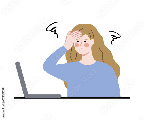 Busy tired woman using laptop. Business, overwork, project deadline, depression, anxiety, burnout concept. Flat character vector illustration isolated on white background.