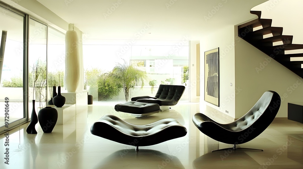 Modern Interior Design Living Room With Black Leather Chairs Modern Interior Design Living Room With Black Leather Chairs