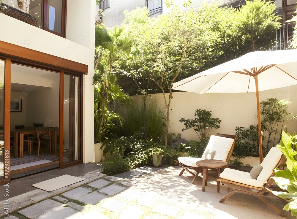 Fototapeta premium Modern Patio with White Umbrella and Lush Greenery