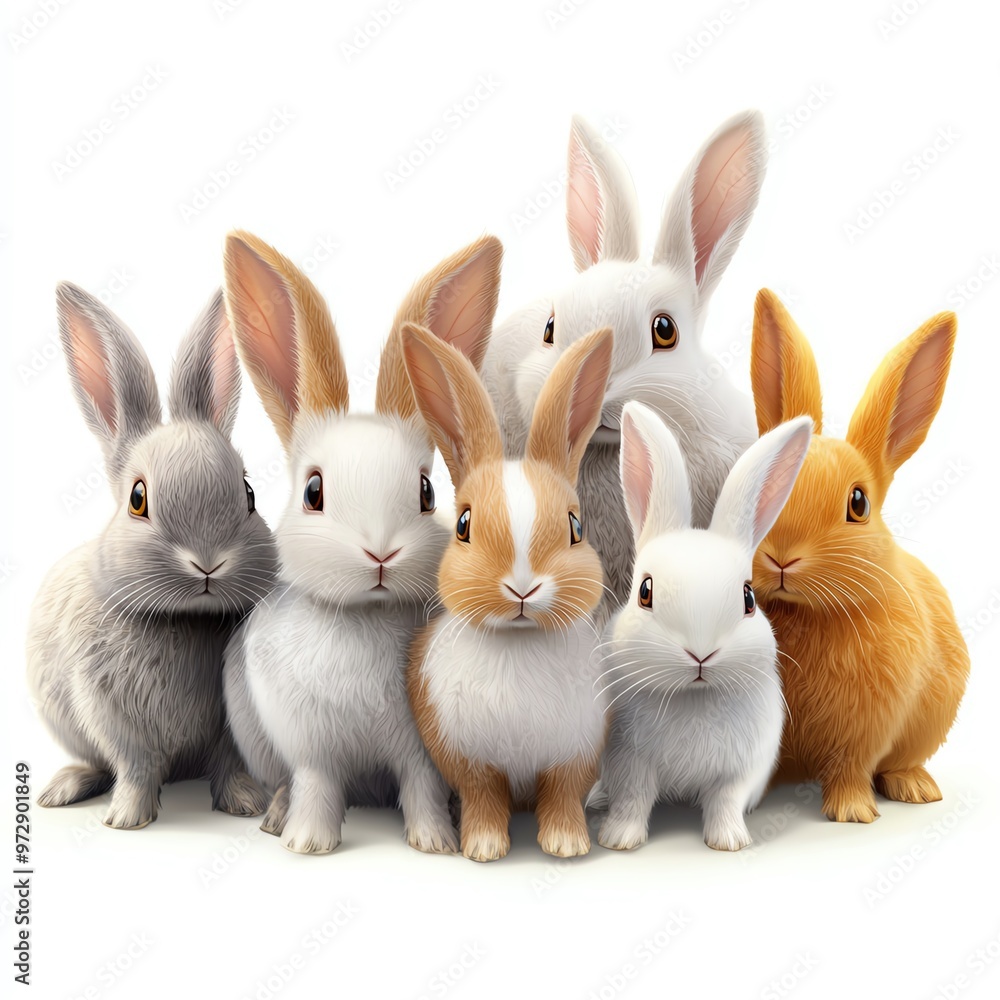 Obraz premium A charming group of colorful rabbits, showcasing their fluffy fur and gentle expressions. Perfect for animal lovers and nature themes.