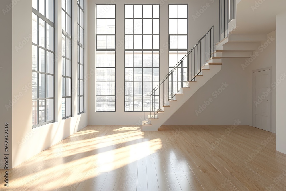 Obraz premium Modern Minimalist Interior Design Staircase and Large Windows