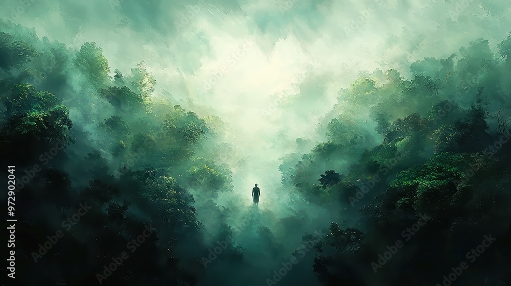 Fototapeta premium Lone Wanderer in Dense Wilderness, a traditional Chinese brush painting depicting a solitary figure amidst thick foliage, emphasizing themes of isolation and nature's vastness.