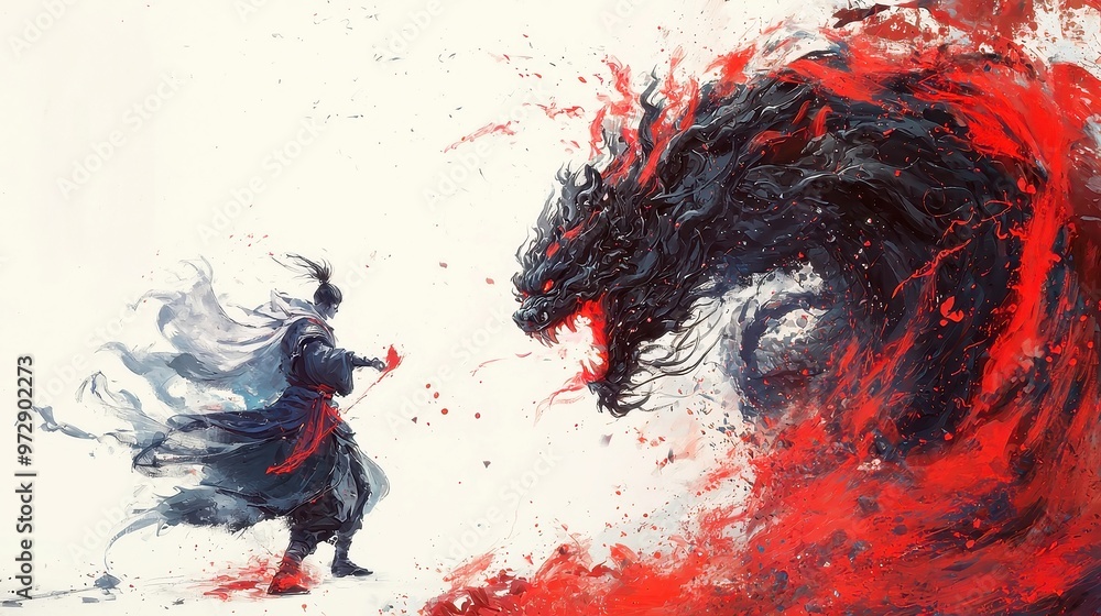 Epic Battle Against the Dark Underworld Lord, a dynamic Chinese brush painting depicting an intense clash of good versus evil, showcasing traditional artistry and vibrant energy. Epic Battle Against the Dark Underworld Lord, a dynamic Chinese brush painting depicting an intense clash of good versus evil, showcasing traditional artistry and vibrant energy.