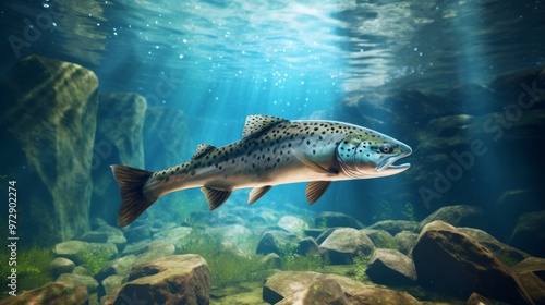 Predatory fish beautiful Salmon models in crystal clear water. Neural network ai generated art