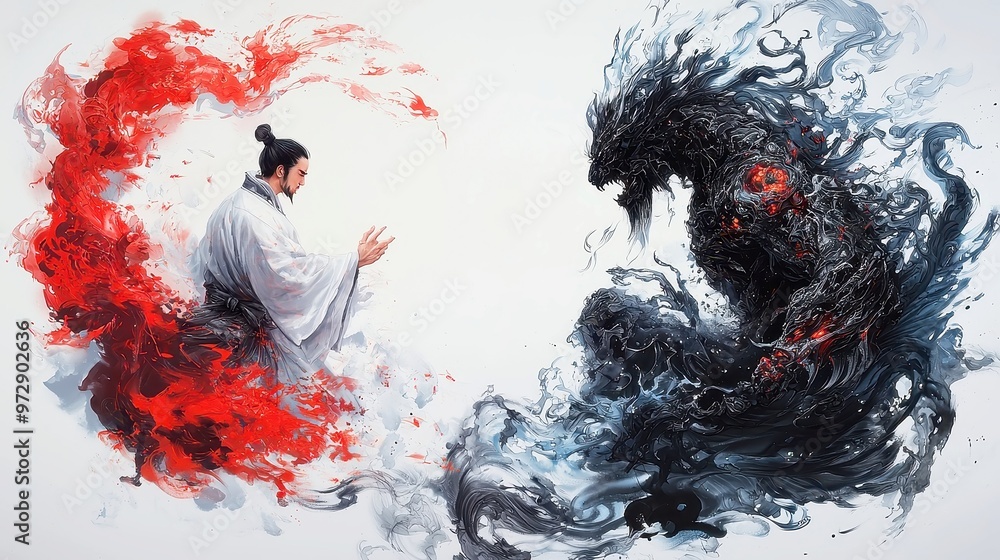 Man Confronting the Dark Entity, A solitary figure stands boldly against a shadowy presence, embodying the timeless struggle between mortality and the afterlife in traditional Chinese brushwork. Man Confronting the Dark Entity, A solitary figure stands boldly against a shadowy presence, embodying the timeless struggle between mortality and the afterlife in traditional Chinese brushwork.
