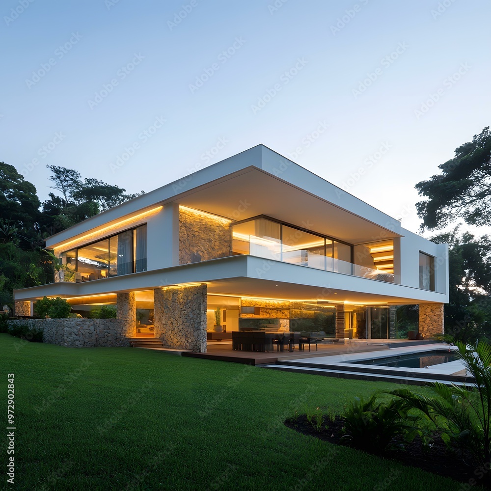Modern Architecture House with Swimming Pool at Dusk Modern Architecture House with Swimming Pool at Dusk