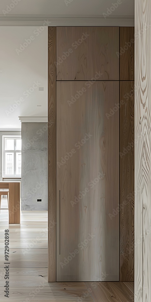 Fototapeta premium Modern Minimalist Wood Panel Doors And Hardwood Floor Interior Design
