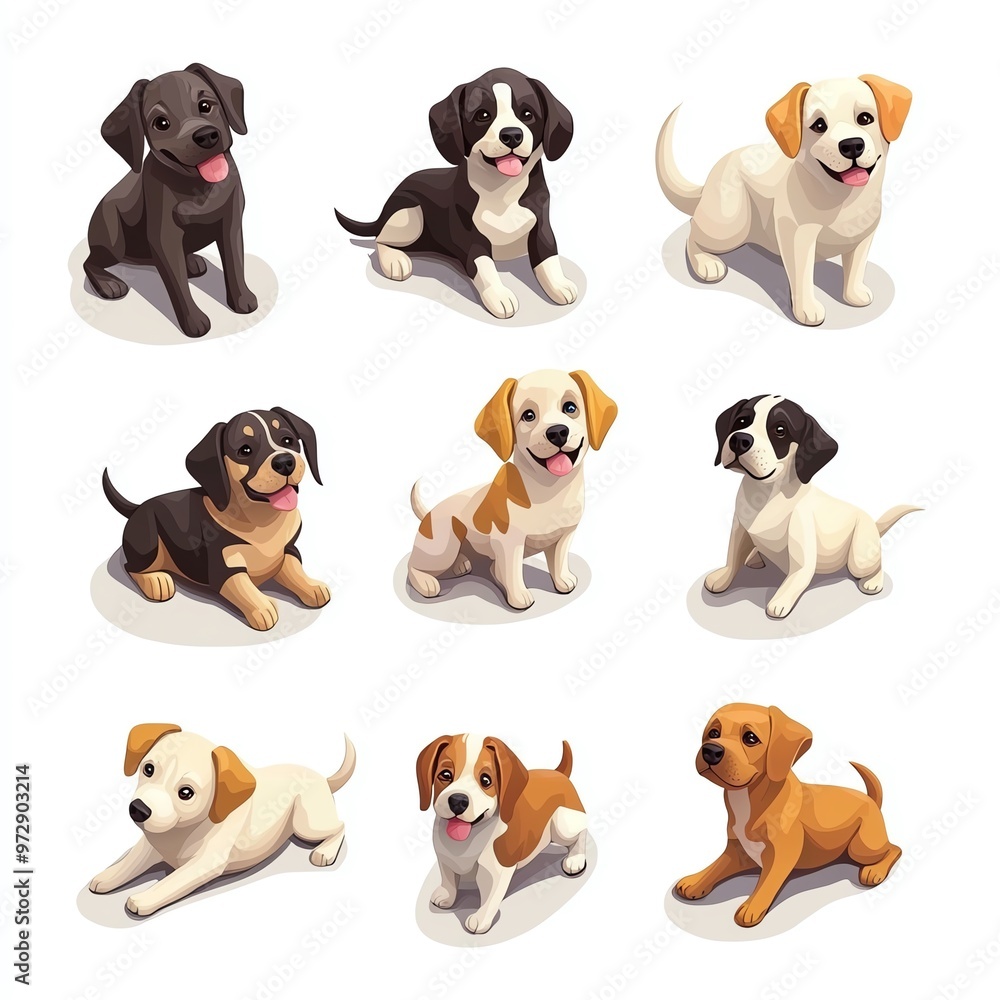 A playful collection of cartoon puppies, each with unique colors and expressions, perfect for pet lovers and children's illustrations. A playful collection of cartoon puppies, each with unique colors and expressions, perfect for pet lovers and children's illustrations.