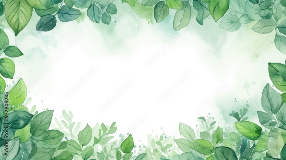 Serene Green Nature Background with Lush Foliage and Soft Mist. Rainy Spring Watercolor Frame Scene. Eco Concept and Tranquil Design Serene Green Nature Background with Lush Foliage and Soft Mist. Rainy Spring Watercolor Frame Scene. Eco Concept and Tranquil Design
