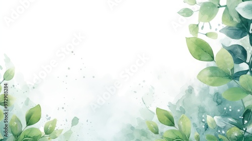 Serene Green Nature Background with Lush Foliage and Soft Mist. Rainy Spring Watercolor Frame Scene. Eco Concept and Tranquil Design