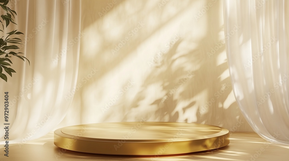 Golden circular podium bathed in natural light, with softly flowing sheer curtains and foliage shadows on the beige wall enhancing the display. Golden circular podium bathed in natural light, with softly flowing sheer curtains and foliage shadows on the beige wall enhancing the display.