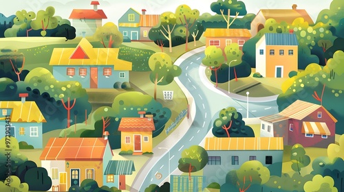 Colorful Illustration of Houses in a Small Town