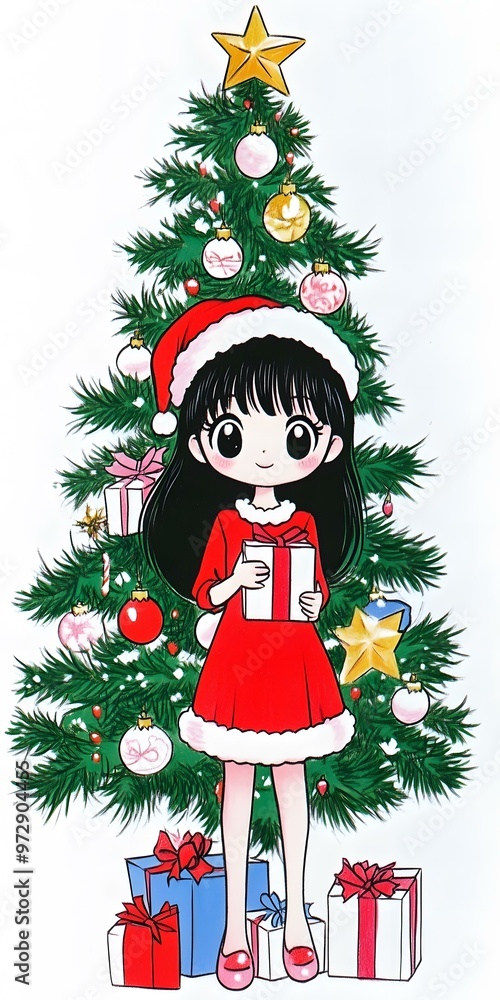 Cute Christmas Girl Illustration with Christmas Tree