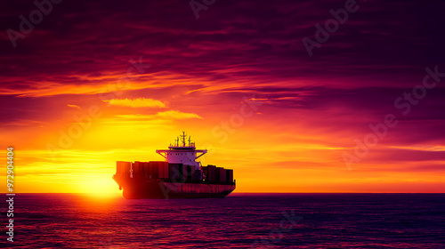 The powerful silhouette of a cargo ship against the intense colors of a sunset