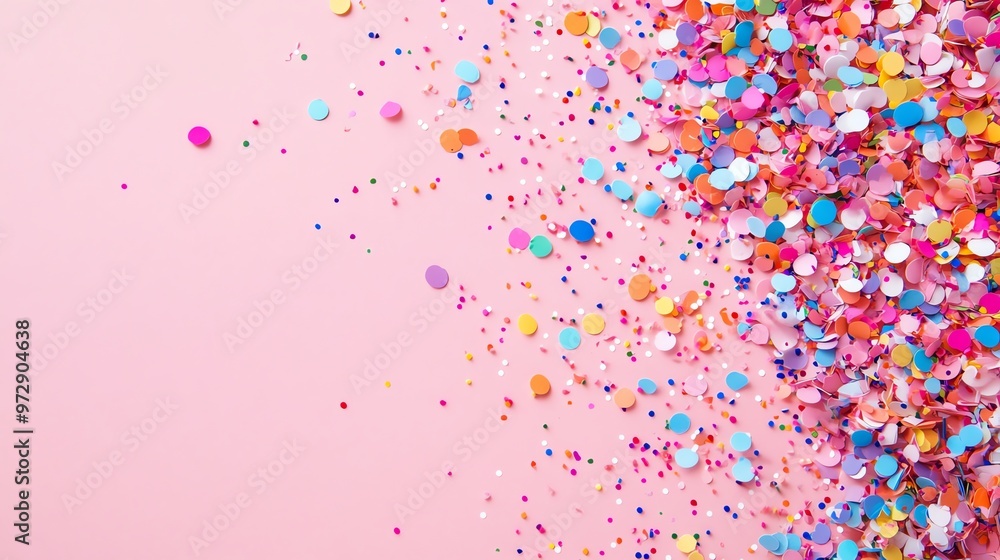 Fototapeta premium Colorful confetti scattered on a pink background.