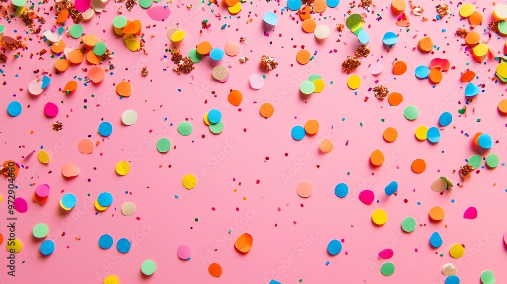 Colorful confetti scattered on a pink background. Colorful confetti scattered on a pink background.