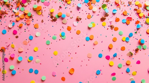 Colorful confetti scattered on a pink background.