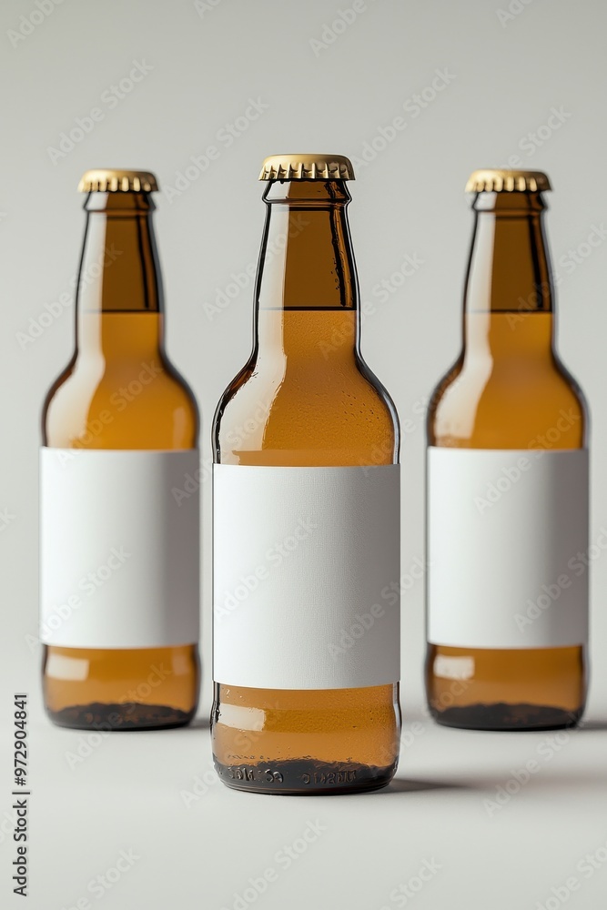 Three blank beer bottle mockups with no labels in a studio setting ideal for branding and design projects Three blank beer bottle mockups with no labels in a studio setting ideal for branding and design projects