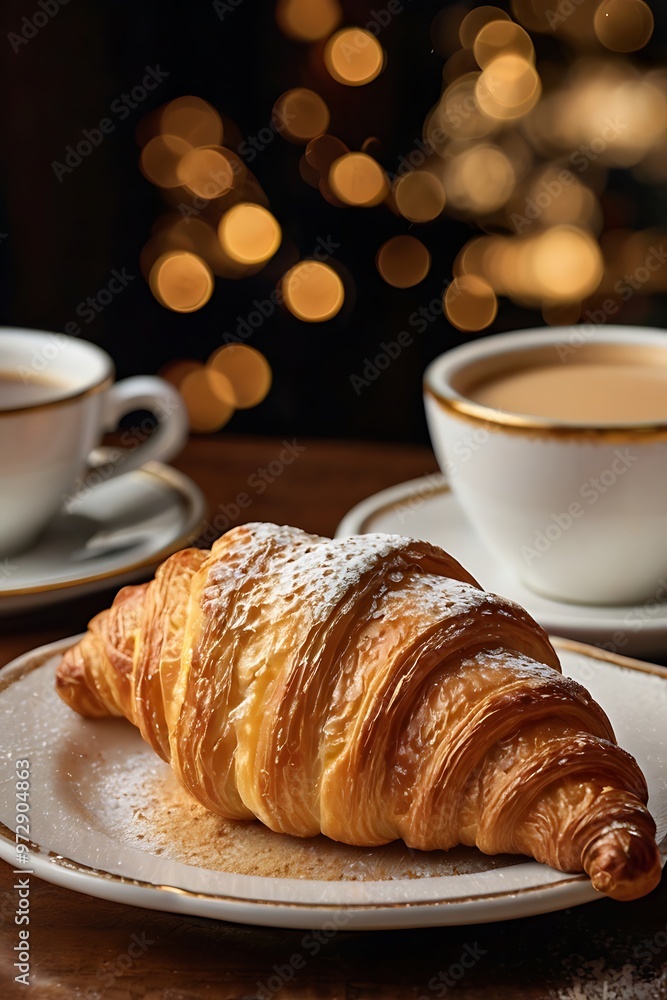 Fresh Croissant and Cup of Cappuccino with beautiful cream latte art Fresh Croissant and Cup of Cappuccino with beautiful cream latte art