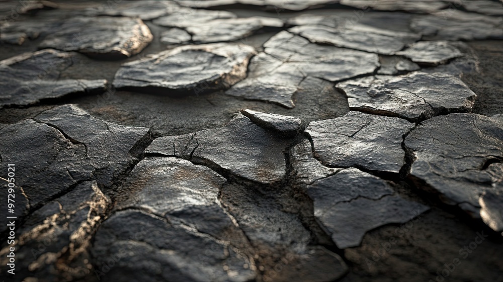 Close-up of Cracked Black Ground with Light Reflections Close-up of Cracked Black Ground with Light Reflections