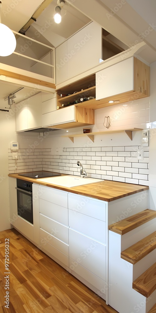 Modern White Kitchen With Wood Flooring And Open Shelving Modern White Kitchen With Wood Flooring And Open Shelving