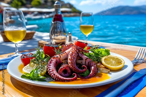 A traditional Greek tavern on Thassos, serving fresh seafood and local specialties like grilled octopus and olive oil-drenched salads photo