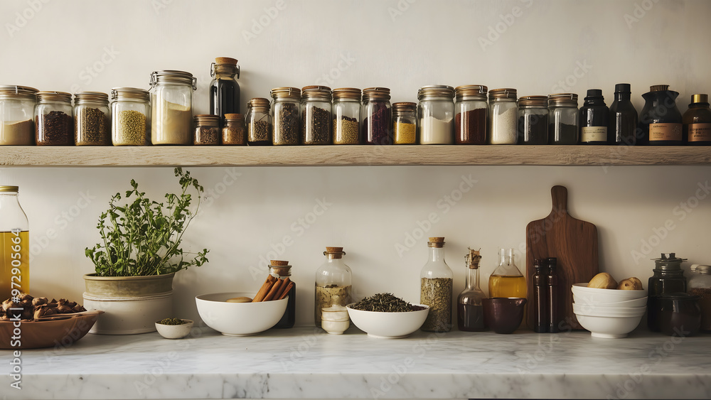 Minimal kitchen with neatly organized jars of spices and organic herbs. Minimal kitchen with neatly organized jars of spices and organic herbs.