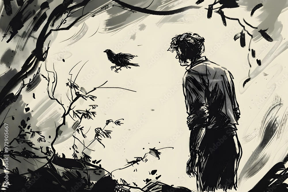 Man Looking At A Raven In A Forest Illustration Man Looking At A Raven In A Forest Illustration