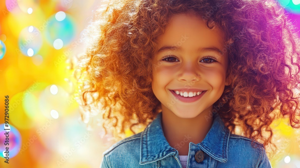 Joyful Child Amidst Bubbles, Close-up of a smiling child with curly hair in a denim jacket, vibrant festival scene filled with colorful bubbles and soft sunlight, enchanting atmosphere Joyful Child Amidst Bubbles, Close-up of a smiling child with curly hair in a denim jacket, vibrant festival scene filled with colorful bubbles and soft sunlight, enchanting atmosphere