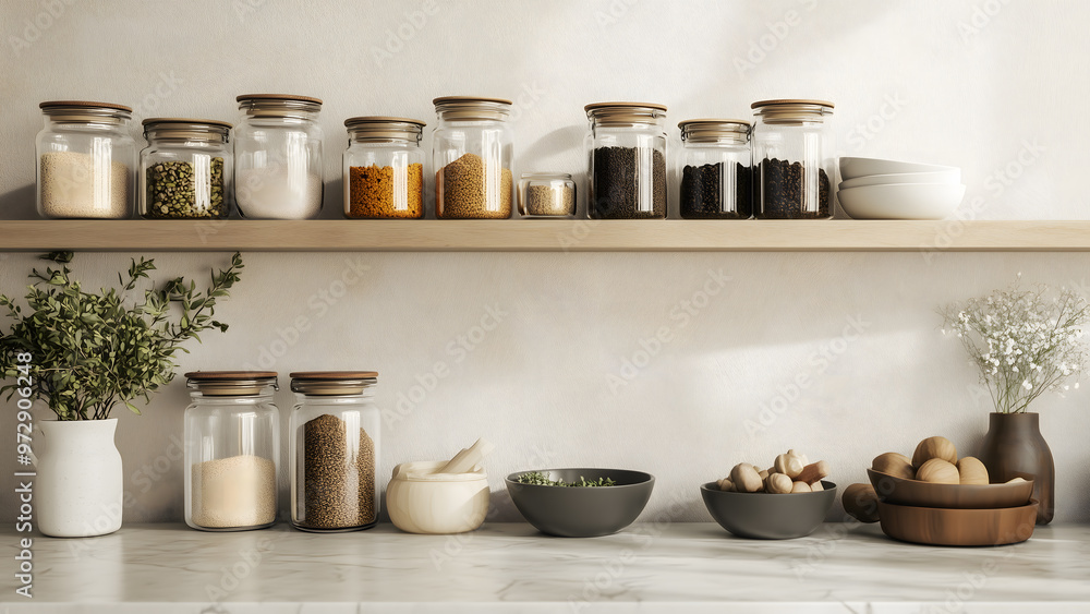 Minimal kitchen with neatly organized jars of spices and organic herbs. Minimal kitchen with neatly organized jars of spices and organic herbs.