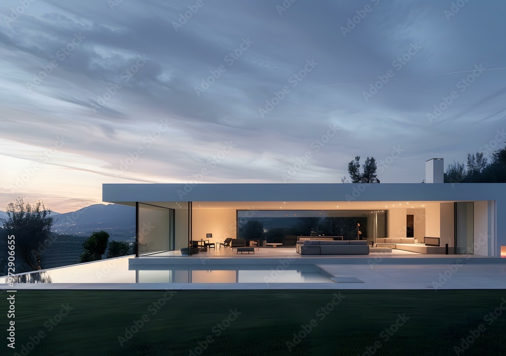 Fototapeta premium Modern Minimalist House with Infinity Pool and Mountain View at Dusk