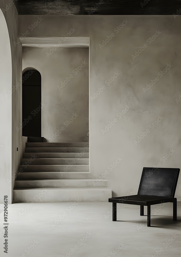Modern Minimalist Interior Design with a Black Chair and Concrete Steps Modern Minimalist Interior Design with a Black Chair and Concrete Steps