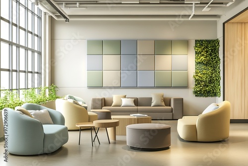 Modern office lounge area with sofas and green wall
