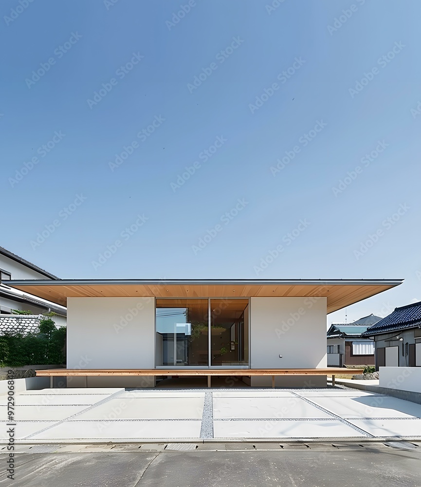 Fototapeta premium Modern White House with Wooden Deck and Patio