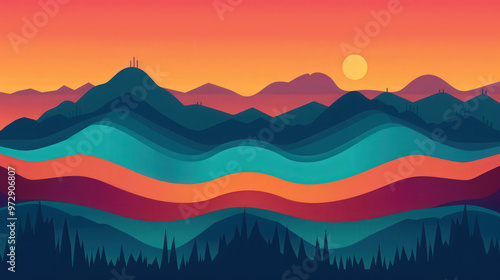 Vibrant Abstract Soundwave Landscape, a flat design illustration featuring dynamic colors that evoke movement and rhythm in an imaginative soundscape environment. photo