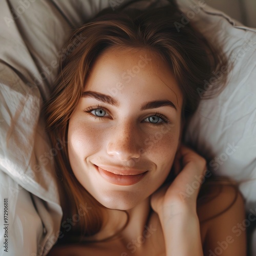 Happy Young Woman Relaxing in Bedroom after Wake Up