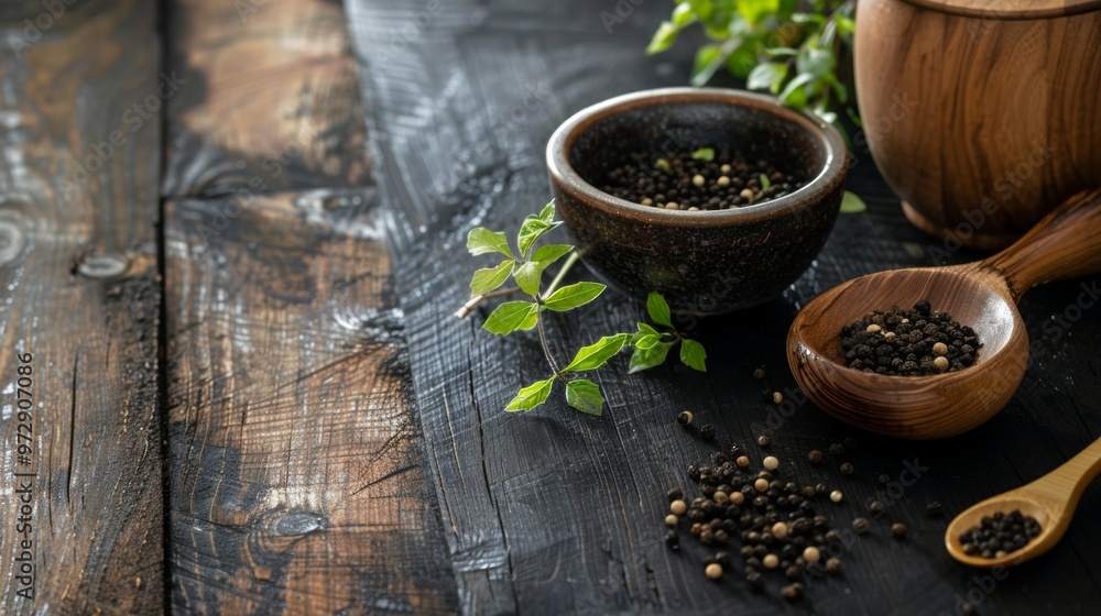 Rustic wooden table with bowls of black pepper and fresh herbs Rustic wooden table with bowls of black pepper and fresh herbs