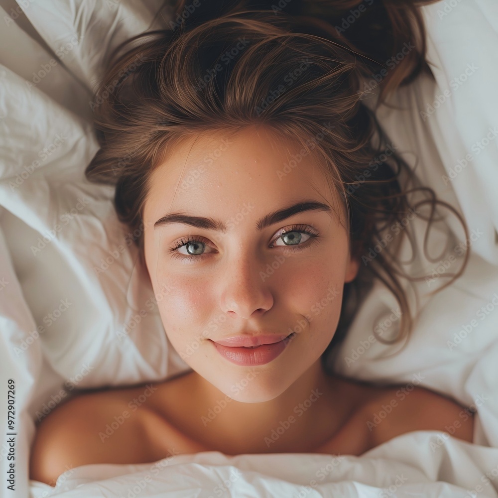 Happy Young Woman Relaxing in Bedroom after Wake Up Happy Young Woman Relaxing in Bedroom after Wake Up