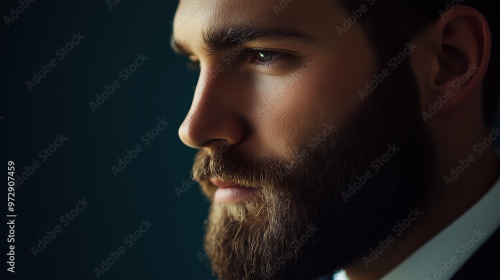 Obraz premium A close-up portrait of a man with a well-groomed beard, dressed in formal attire, showcasing a contemplative expression indoors