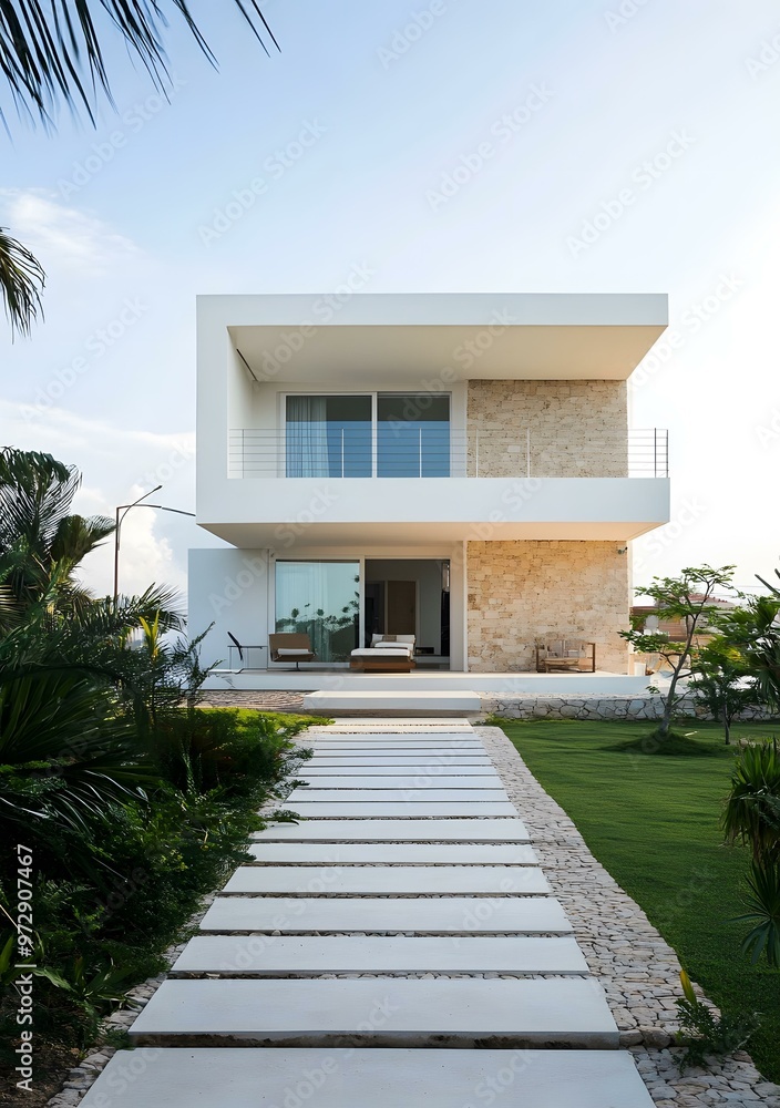 Fototapeta premium Modern Minimalist White House with Stone Wall and Path